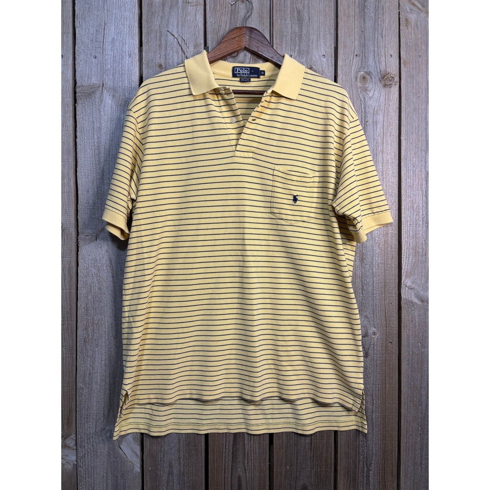 Polo Ralph Lauren Mens XL Yellow Striped Short‎ Sleeve Pocket Polo Shirt Cotton